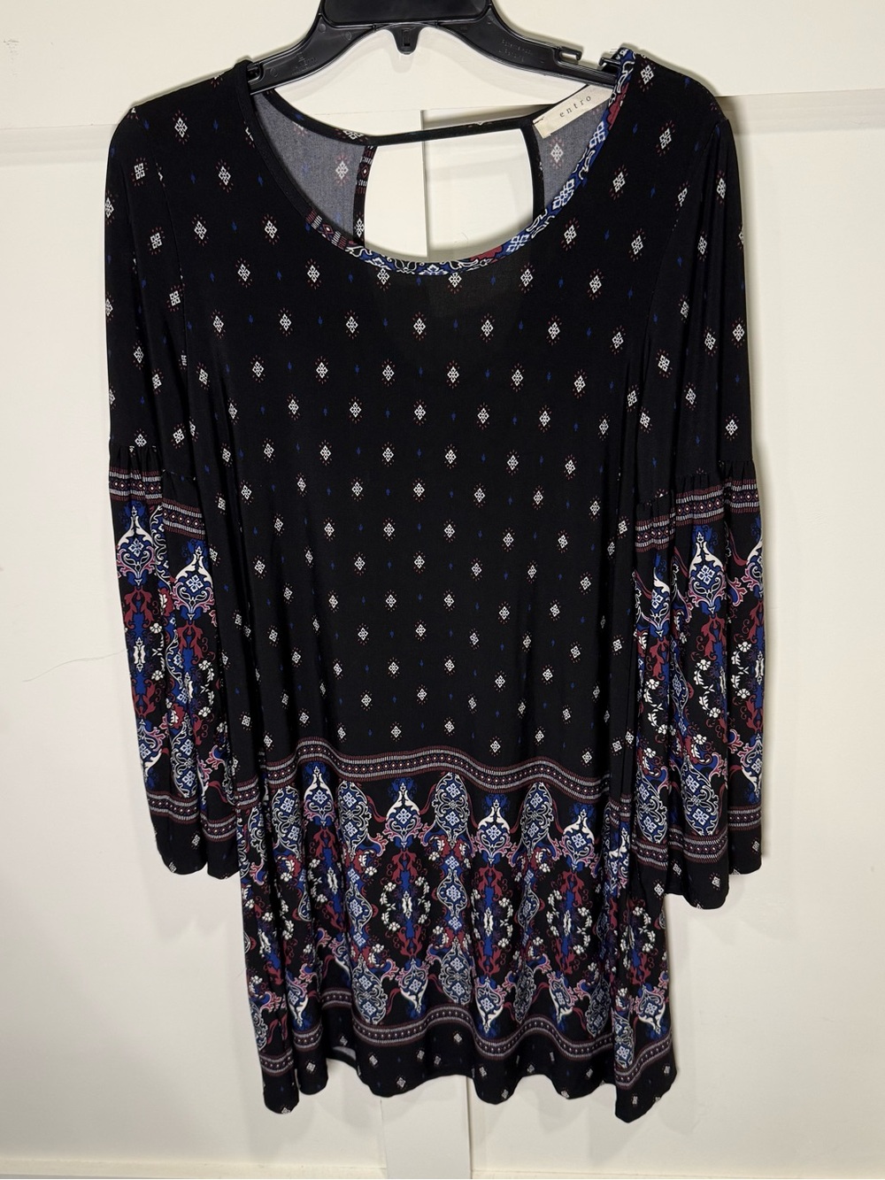Entro Black Boho Geometric Print Dress with Long Bell Sleeves & Keyhole Back- S